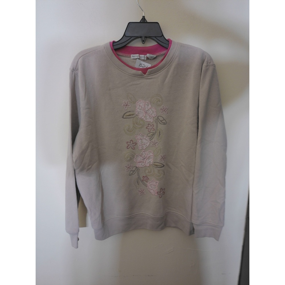 Hastings & Smith Sweatshirt Women L Beige Vtg Inspo Floral Embroidered Cozy Core